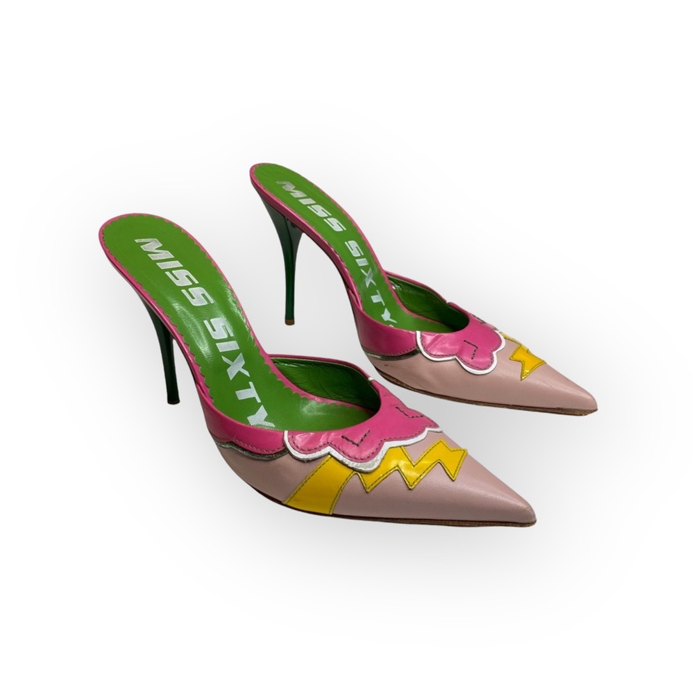 Vintage: Miss Sixty ↯ Lightning Pointy Toe Stiletto Heels Mules ↯ Pink Appliqué - Picture 11 of 17